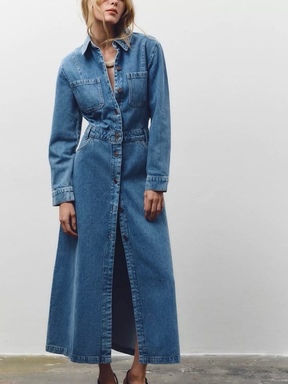 Zara Long Denim Maxi Shirt Dress with Front Slit